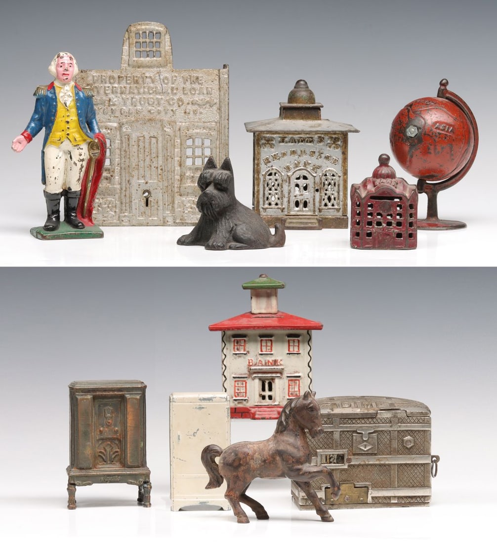 EIGHT ANTIQUE CAST IRON AND OTHER BANKS, SOME AS FOUND (1 of 20)