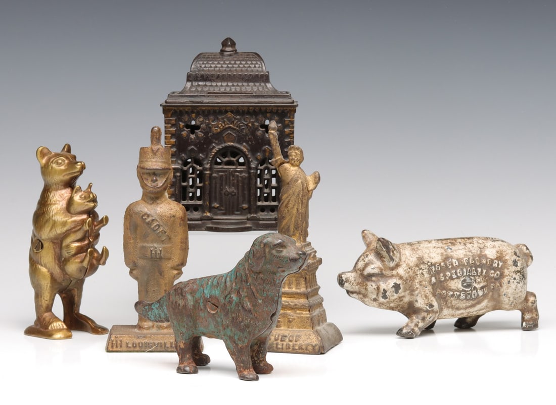 SIX ANTIQUE CAST IRON AND BRASS STILL BANKS (1 of 10)