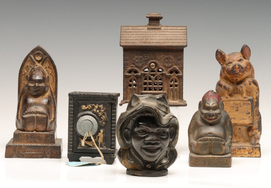 SIX ANTIQUE CAST IRON STILL BANKS INCL SHARE CROPPER (1 of 14)