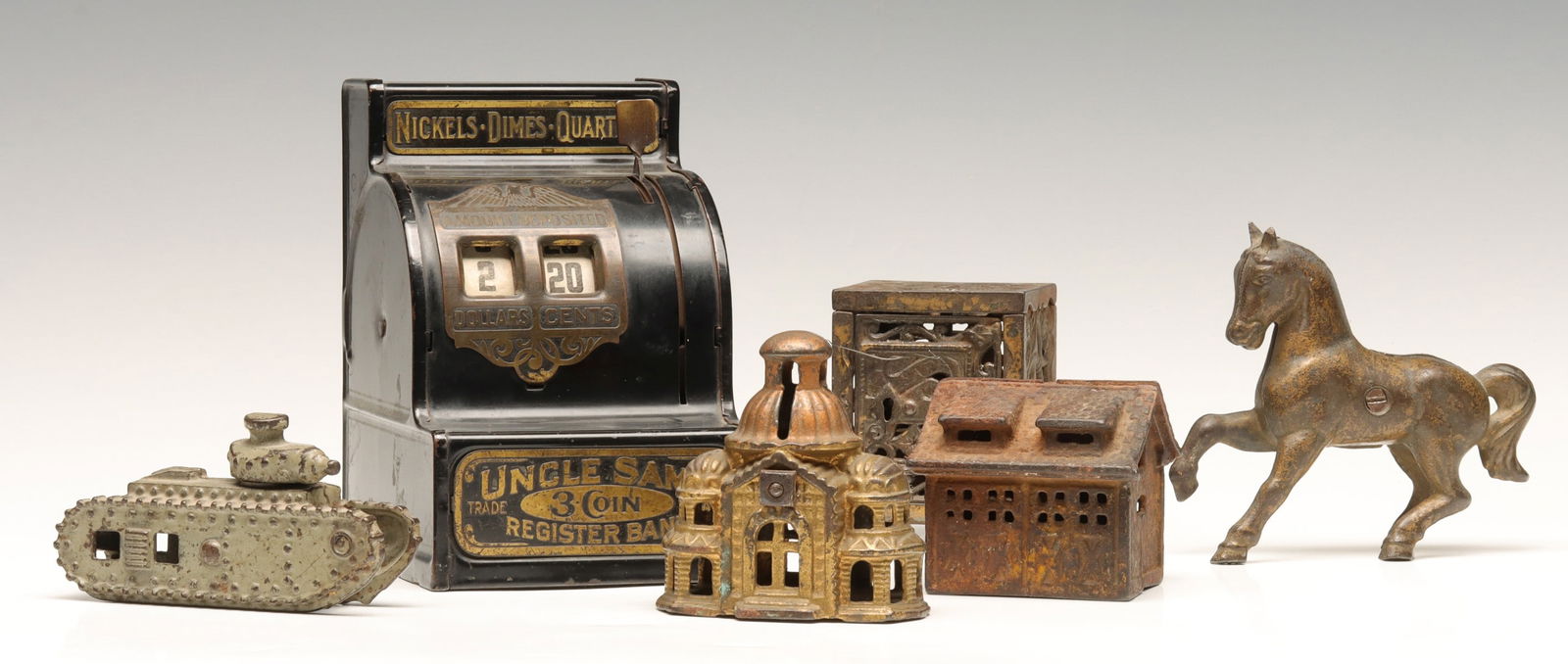 UNCLE SAM REGISTER AND FIVE ANTIQUE CAST IRON BANKS (1 of 13)
