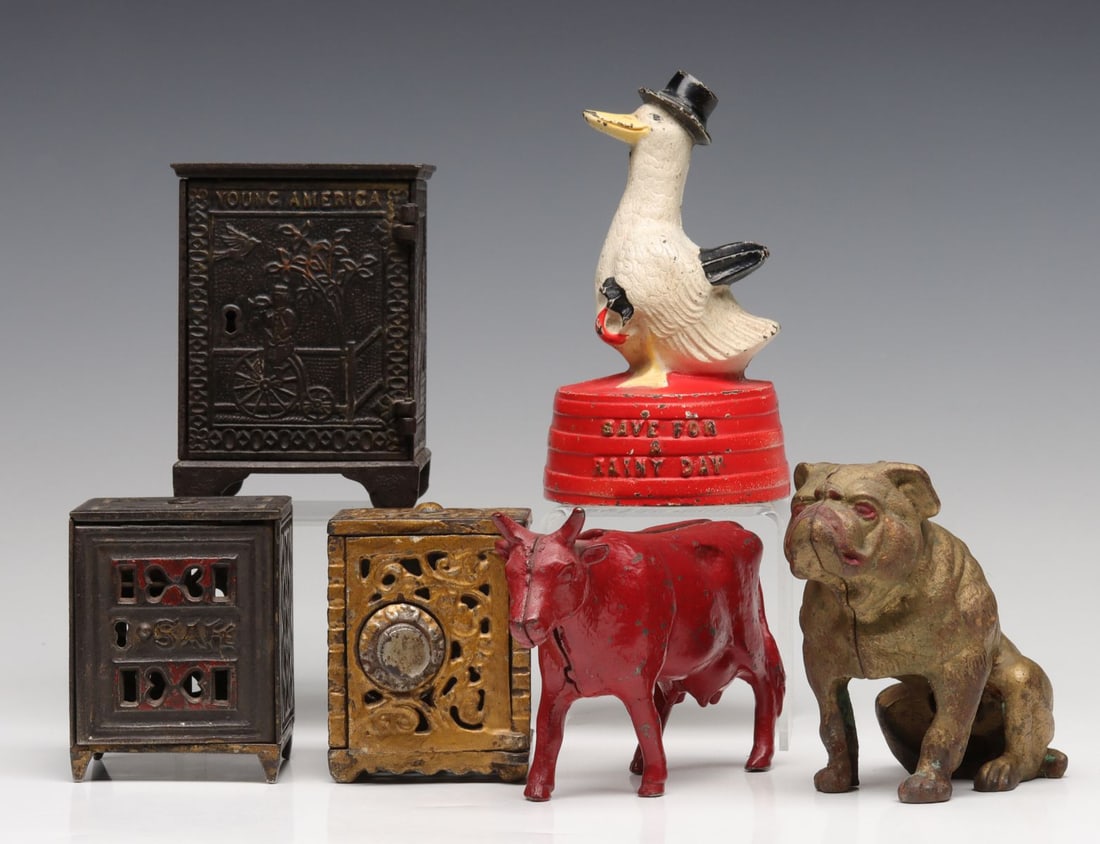 SIX ANTIQUE & VINTAGE CAST IRON STILL BANKS (1 of 14)