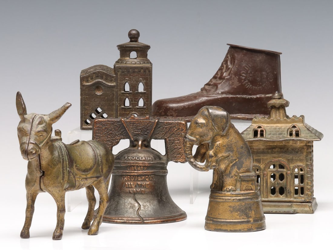 FIVE ANTIQUE BANKS INCLUDING RED GOOSE SHOE ADVERTISING (1 of 15)