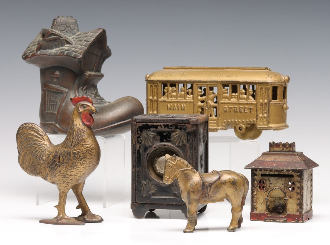 SIX ANTIQUE CAST IRON AND SPELTER BANKS (1 of 14)