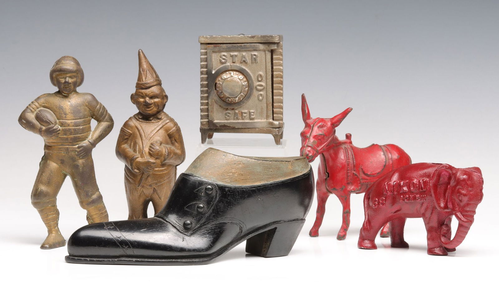 FOOTBALL PLAYER & OTHER IRON BANKS, FOLK ART SHOE BANK (1 of 13)