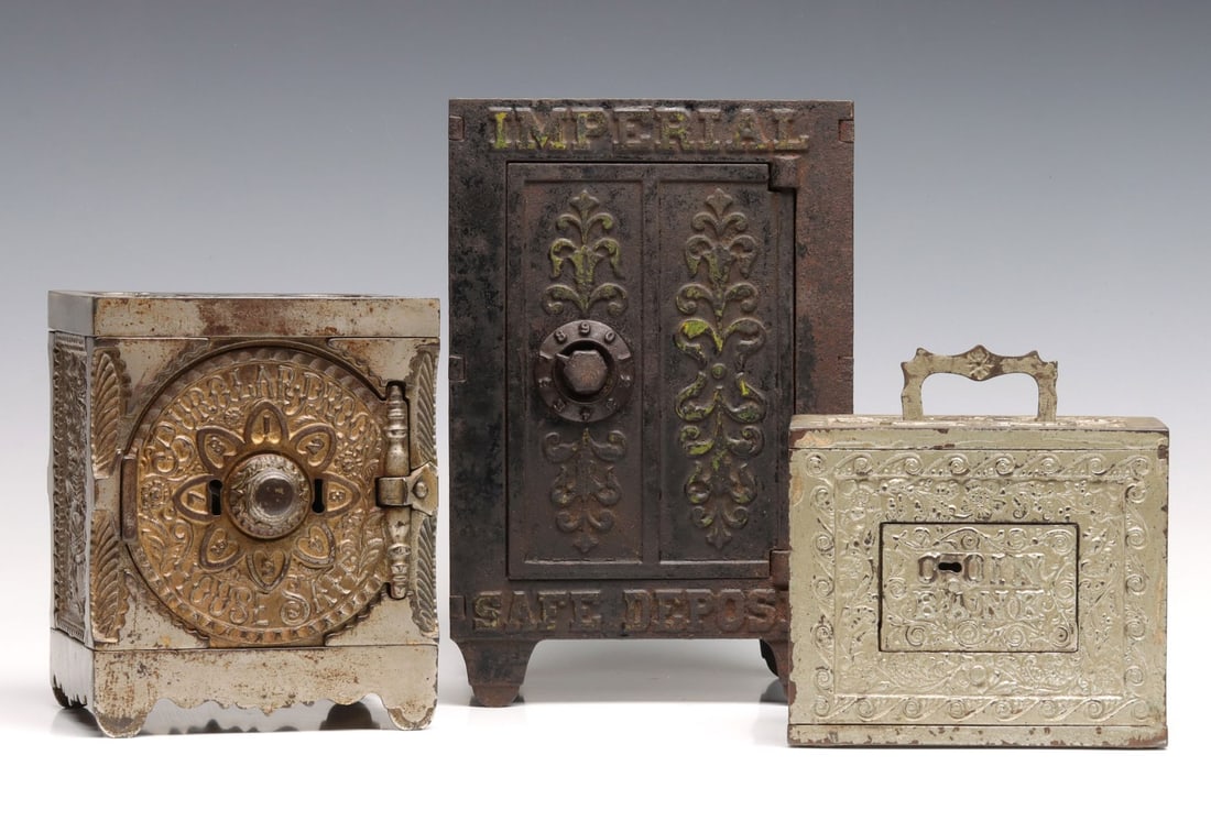THREE ANTIQUE SAFE DEPOSIT CAST IRON BANKS (1 of 16)
