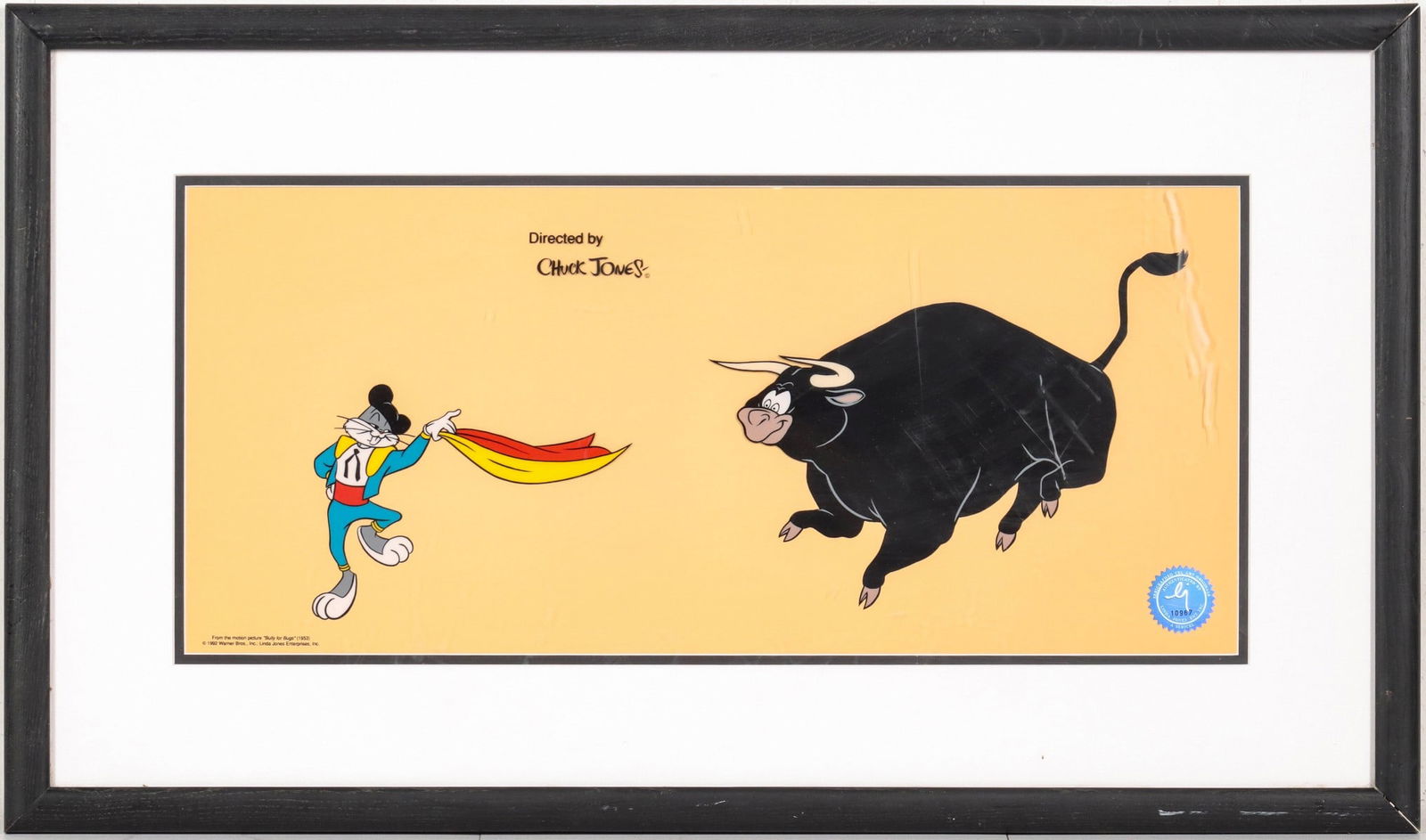 A WARNER BROS. BUGS BUNNY SERICEL DATED 1992: Bully for Bugs The sericel dated 1992 after the original animation production cel featuring Bugs Bunny and Toro the Bull from 'Bully for Bugs' [1953]. With authentication seal number 10967 from Linda