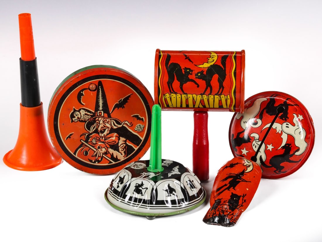 TIN LITHO AND OTHER HALLOWEEN NOISEMAKERS: The collection of six noisemakers include tin litho bells, a ratchet, and a clicker, plus a vintage plastic horn. Measure 3.75 to 6 inches. Without proof of exemption, be aware that internet sales tax