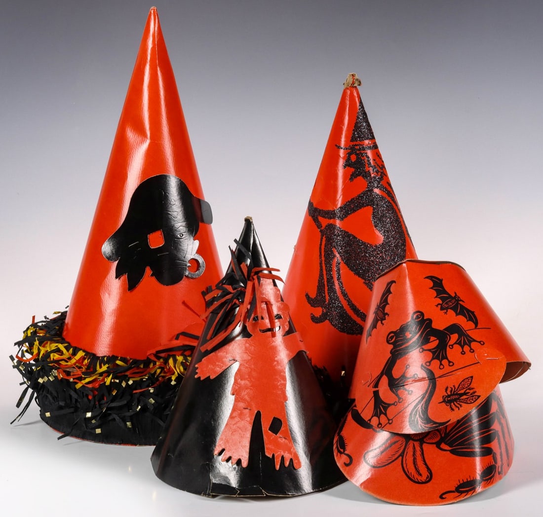 VINTAGE HALLOWEEN PAPER PARTY HATS: The collection as shown, small hats signed Beistle Bee-Line. Measure 7 to 14 inches. Without proof of exemption, be aware that internet sales tax applies to all Internet transactions and local sales t