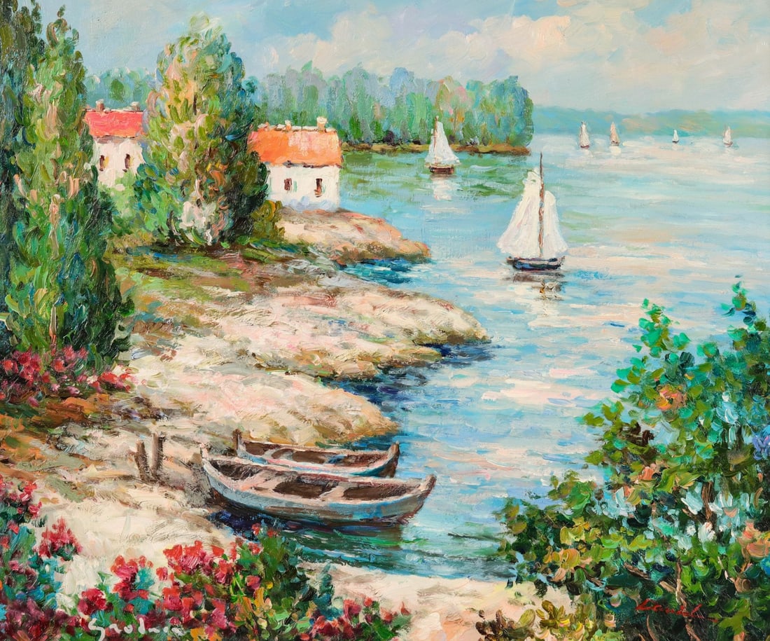 A LATE 20C. IMPRESSIONIST OIL SIGNED BY THE ARTIST: The coastal view is signed both lower left and right front and displayed in a nice quality frame. Canvas measures 20 x 24 with a framed size of 28 x 31.25 inches. Without proof of exemption, be aware 