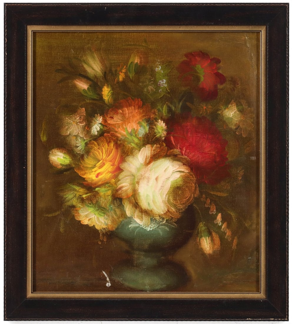 A CONTINENTAL SCHOOL FLORAL STILL LIFE OIL ON CANVAS: An unidentified and unsigned oil on canvas as shown. Board measures 16.5 x 14.5 with a framed size of 19.75 17.75 inches. Without proof of exemption, be aware that internet sales tax applies to all In