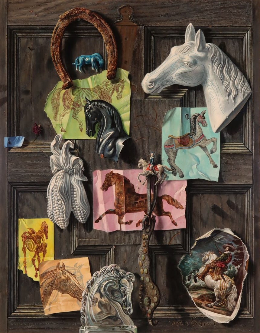 AARON BOHROD (1907-1992) TROMPE L'OEIL OIL ON BOARD: Aaron Bohrod (1907-1992) Still Life ''52'' Anatomy of a Horse. Early 1960s. The extraordinary composition of visual trickery, and masterfully executed precision, is signed lower right within the work