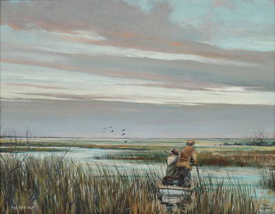 ERIC SLOANE (1905-1985) OIL FOR ABERCROMBIE AND FITCH: Eric Sloane (1905-1985) Poling Out Mid 20th Century The oil on Masonite signed lower right front in black pigment, and titled lower left in white, depicts duck hunters on a marsh, presumably in New En