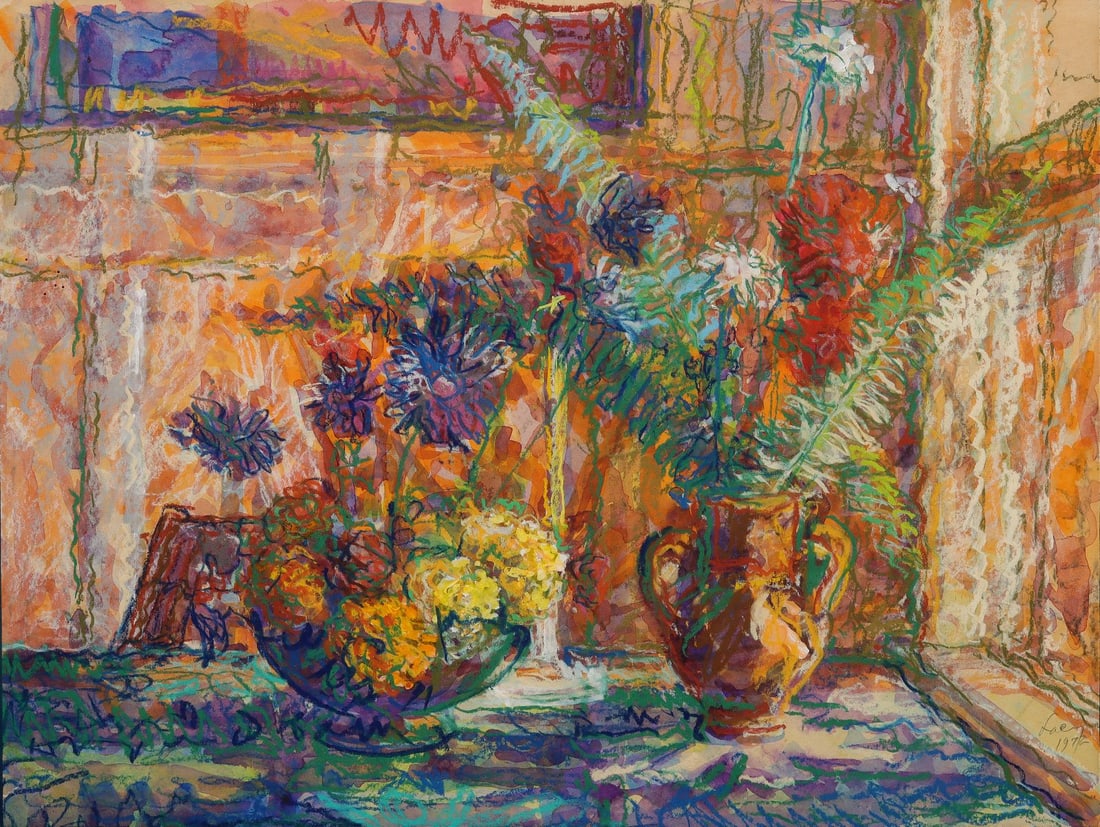 ERNEST LACY (BORN 1928) MIXED MEDIA ON PAPER: Ernest Lacy (Born 1928) Marigolds, Asters and Zinnias 1972 The watercolor embellished with pastel is signed lower right front and verso. Sight size measures 14.5 x 19 with a framed size of 23.25 x 29.