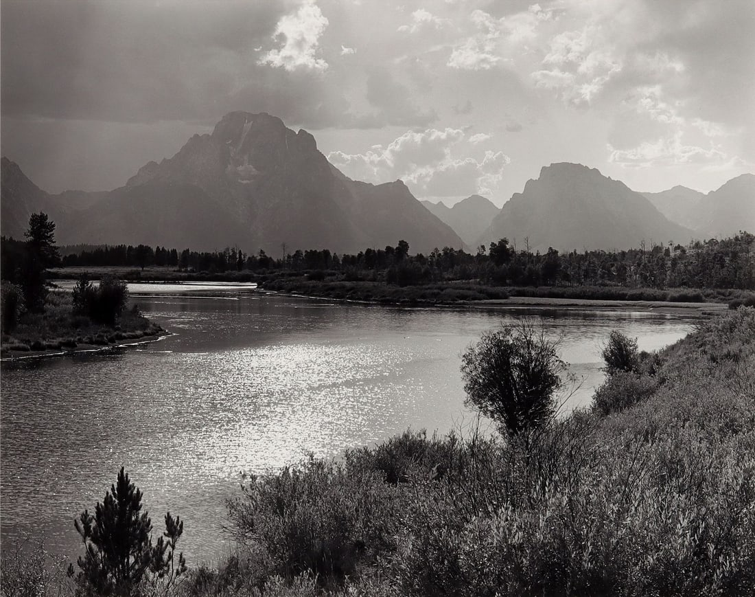HOWARD BOND (BORN 1931) SILVER GELATIN PHOTOGRAPH: Howard Bond (Ohio, Born 1931) Oxbow Bend Grand tetons The image is signed by the artist in pencil lower right on the mounting board, The view is an oxbow side channel of the Snake River below Mount Mo
