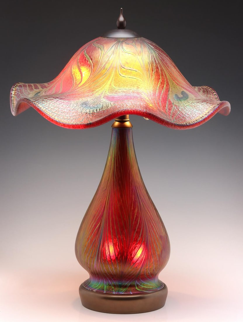 CHARLES LOTTON SELENIUM RED PEACOCK FEATHER TABLE LAMP (1 of 20)