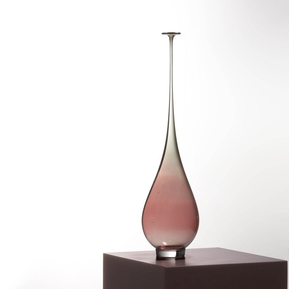 A VERY FINE NILS LANDBERG VASE FOR ORREFORS C. 1960: Nils Landberg (1907-1991) 1960 The elegantly formed vase in the style of Landberg's well-known Tulpanglas (translation: Tulip Glass) line is tastefully blown in a smoky green blending to dusky rose. T