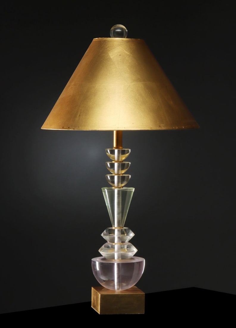 A HIVO VAN TEAL ACRYLIC TABLE LAMP OF STACKED FORMS: Th late 20th century composed of stacked acrylic forms is attributed as a design of Hivo Van Teal. Measures 30 x 16 x 16 inches. From base of the lamp is 16.75 x 5.5 x 5.5 inches. Without proof of exe