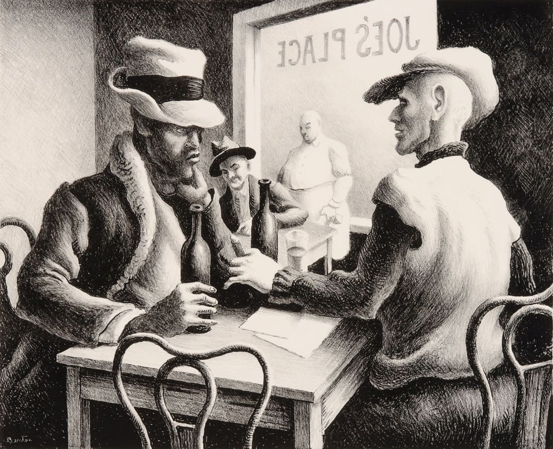 THOMAS HART BENTON (1889-1975) PENCIL SIGNED LITHOGRAPH: Thomas Hart Benton (1889-1975) Discussion 1969 The lithograph published by Associated American Artists in an edition of 250 prints is signed by Benton in pencil below the image lower right and listed 