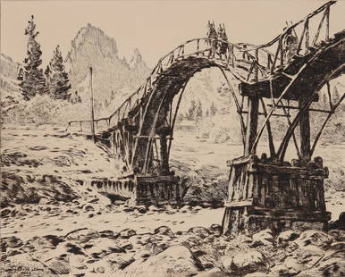 MARTIN LEWIS (1881-1962) PENCIL SIGNED ETCHING: Martin Lewis (1881-1962) Bridge Near Nikko 1926 The etching with sand ground technique printed on FRANCE watermark paper in an edition of only 29 prints is signed by the artist in pencil lower right a