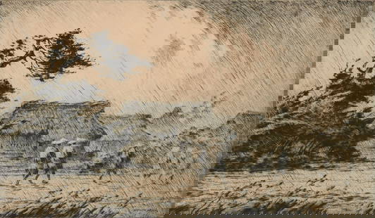 MARTIN LEWIS (1881-1962) PENCIL SIGNED ETCHING: Martin Lewis (1881-1962) Rain, Japan 1927 The drypoint etching published in an edition of only 50 prints is signed by the artist in pencil below the image lower right and titled in the margin by a dif