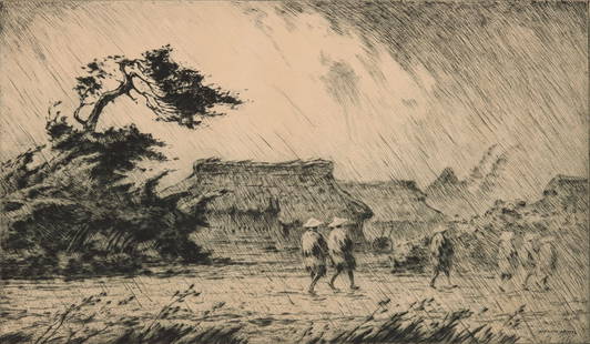 MARTIN LEWIS (1881-1962) PENCIL SIGNED ETCHING: Martin Lewis (1881-1962) Rain, Japan 1927 The drypoint etching published in an edition of only 50 prints is signed by the artist in pencil below the image lower right and titled in the margin by a dif