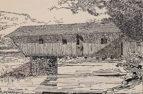 ERIC SLOANE (1905-1985) PEN AND INK SKETCH ON PAPER: Eric Sloane (1905-1985) Market Bridge Connecticut 1975-80 The work of pen and ink on paper is signed lower left front and estate stamped verso. Accurately documenting the hand hewn covered bridges of