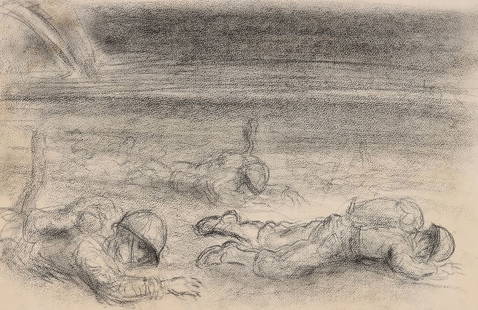 JOHN STEUART CURRY (1897-1946) CHARCOAL ON PAPER: John Steuart Curry (1897-1946) Soldiers in Combat The charcoal sketch on artist's sketch pad is estate stamped 'John Steuart Curry Estate' seal number 40204 and attributed with a title verso. Page mea