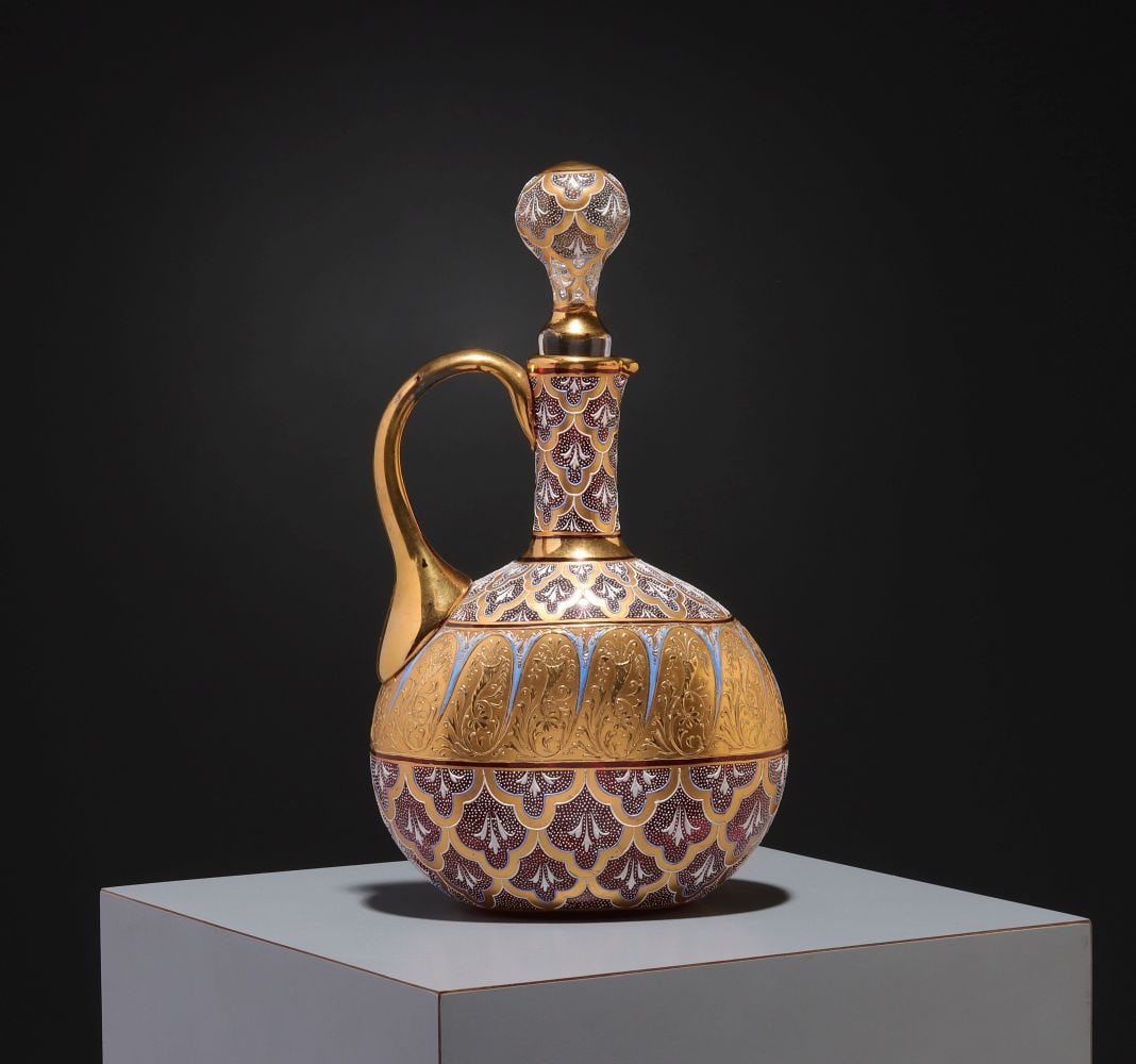 A LAVISHLY DECORATED MOSER CRANBERRY ART GLASS JUG (1 of 12)