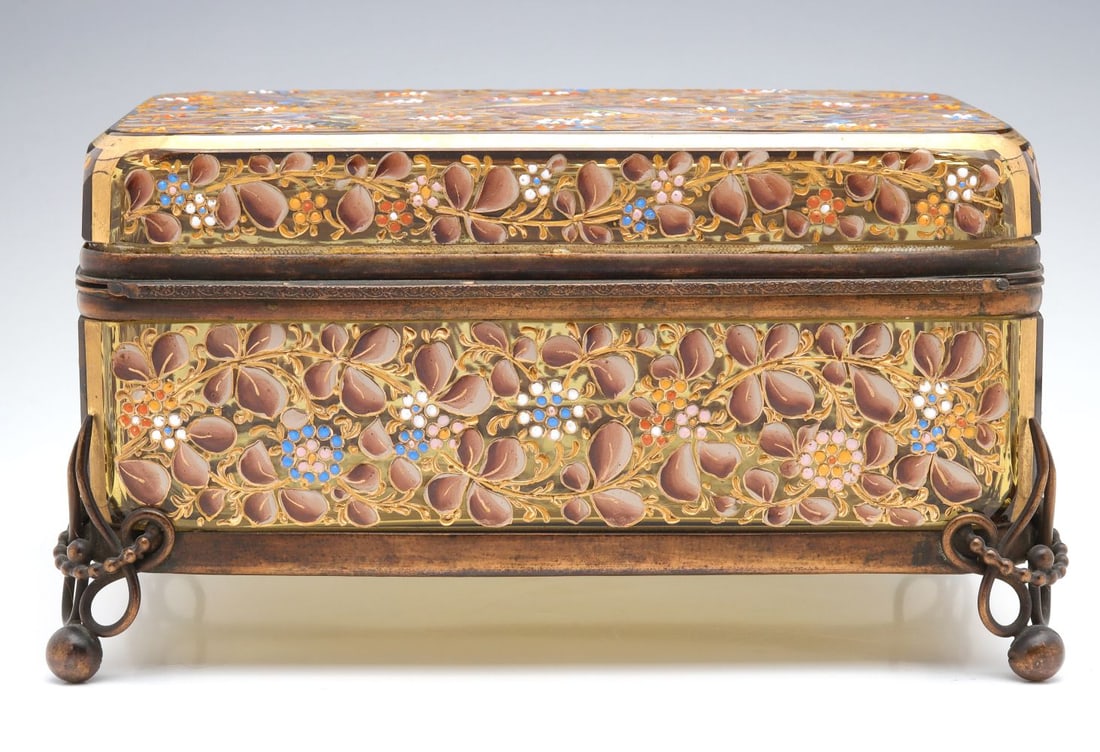 A 19TH C. MOSER ART GLASS BOX WITH BIRDS AND FLORALS (1 of 17)