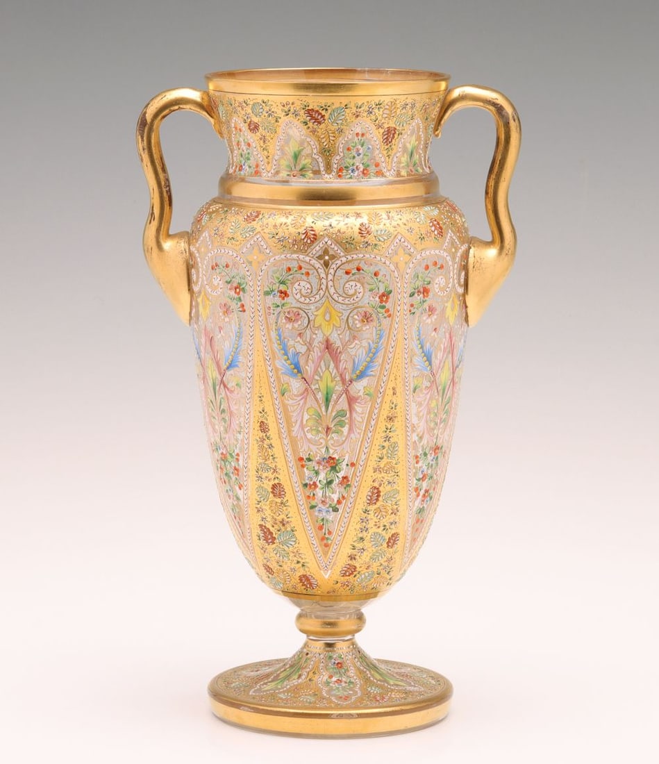 A 19C. MOSER GILT ENAMELED ART GLASS VASE, EX-KLABIN (1 of 15)