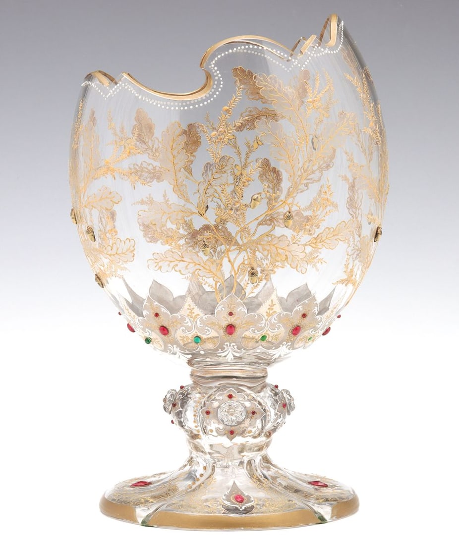 A 19C. MOSER EGG-SHAPE URN WITH JEWELS, APPLIED ACORNS (1 of 14)