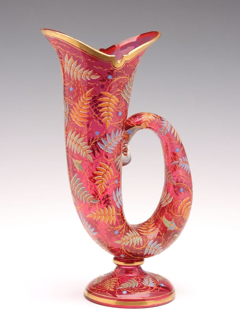 A LARGE MOSER ART GLASS HUNTING HORN WITH ENAMELING (1 of 12)