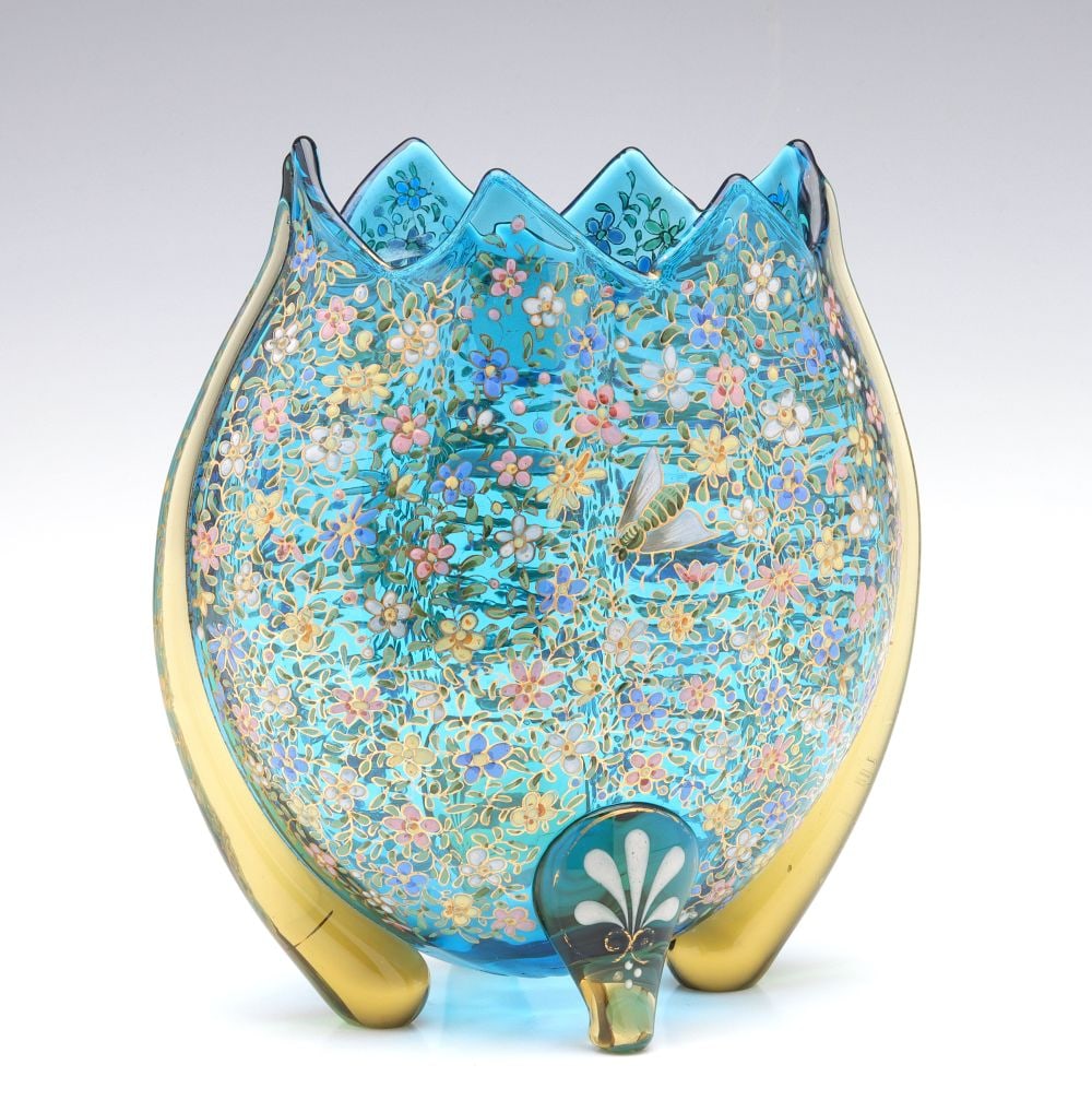 A 19C. MOSER ART GLASS PILLOW VASE WITH INSECTS (1 of 11)