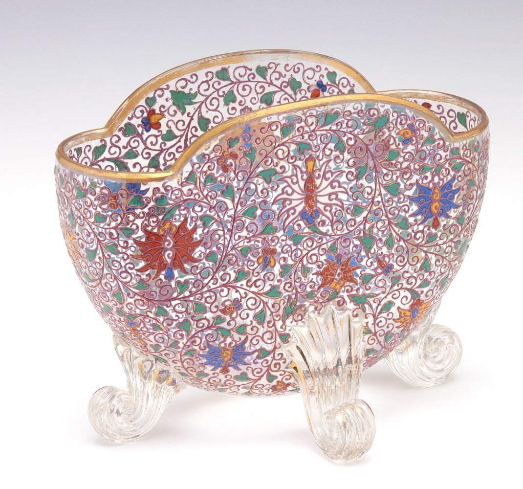 A 19C. MOSER ENAMELED ART GLASS FOOTED PILLOW VASE (1 of 9)