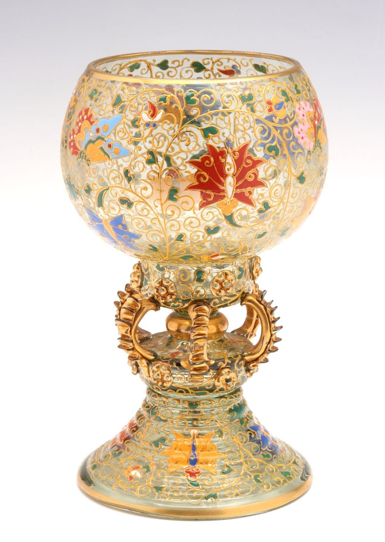A 19C. MOSER GILT AND ENAMEL DECORATED GLASS CHALICE (1 of 12)