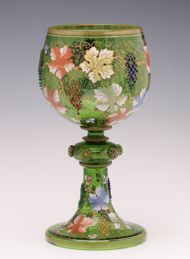 A LARGE 19C MOSER ART GLASS CHALICE WITH APPLIED GRAPES (1 of 15)