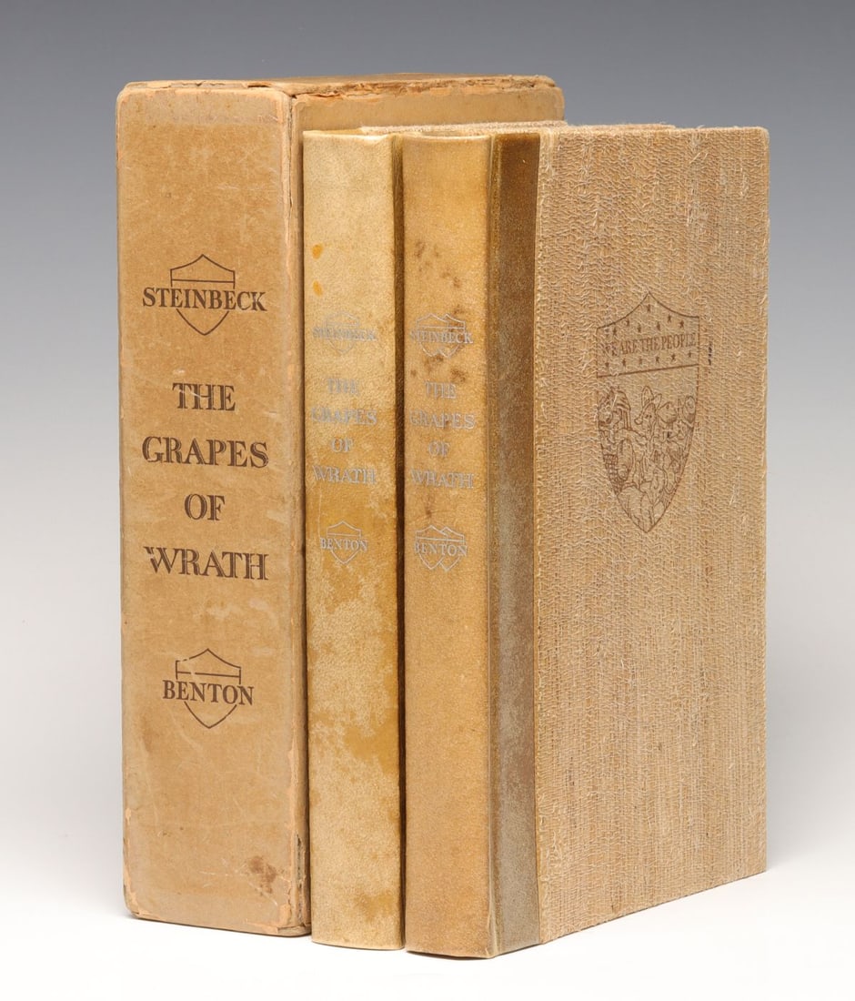 JOHN STEINBECK 'GRAPES OF WRATH' SIGNED BY BENTON: Steinbeck, John. The Grapes of Wrath. two volume set with illustrations by Thomas Hart Benton, New York, The Limited Editions Club, 1944. Signed by Benton and numbered 819 of 1146 copies, with grass c