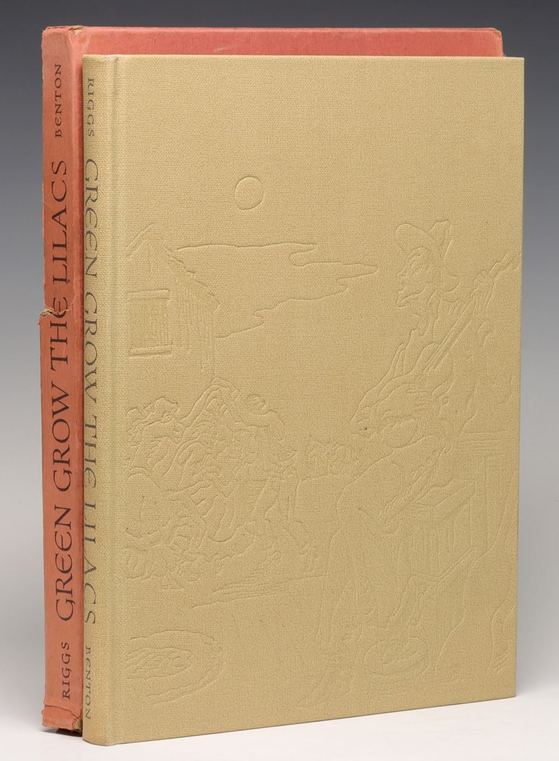 SIGNED BENTON ILLUS. RIGG'S 'GREEN GROW THE LILACS': Riggs, Lynn. Green Grow the Lilacs. with illustrations by Thomas Hart Benton. Norman, The University of Oklahoma Press, 1954. Signed by Benton and numbered 1407 of 1500 copies, bound in embossed picto