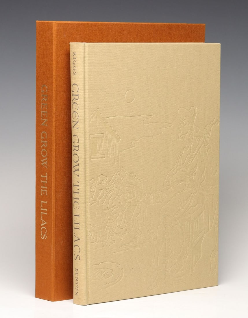 SIGNED BENTON ILLUS. RIGG'S 'GREEN GROW THE LILACS': Riggs, Lynn. Green Grow the Lilacs. with illustrations by Thomas Hart Benton. Norman, The University of Oklahoma Press, 1954. Signed by Benton and numbered 863 of 1500 copies, bound in embossed pictor