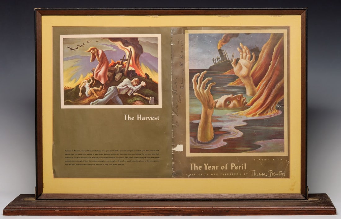 THOMAS HART BENTON: SIGNED PAGES FROM YEAR OF PERIL: The walnut frame displays pages from a 1942 exhibition catalog for the the Year of Peril series painted after the bombing of Pearl Harbor. One leaf is signed and inscribed by Benton in ink. Measures 1