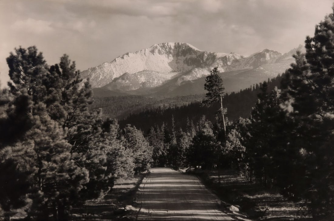 HARRY L. STANDLEY (1881-1951) LARGE FORMAT PHOTOGRAPH: Harry Landis Standley (1881-1951) Pike's Peak from Woodland Park, Colorado Circa 1930. The large image is titled back side, numbered No. 56J and lettered with the photographer's stamp. Sight size meas