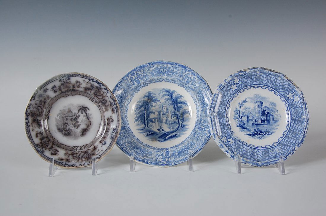 19TH CENTURY MULBERRY AND BLUE TRANSFER CUP PLATES: Measure 4.25 inches, 4.5 inches, 5.25 inches.