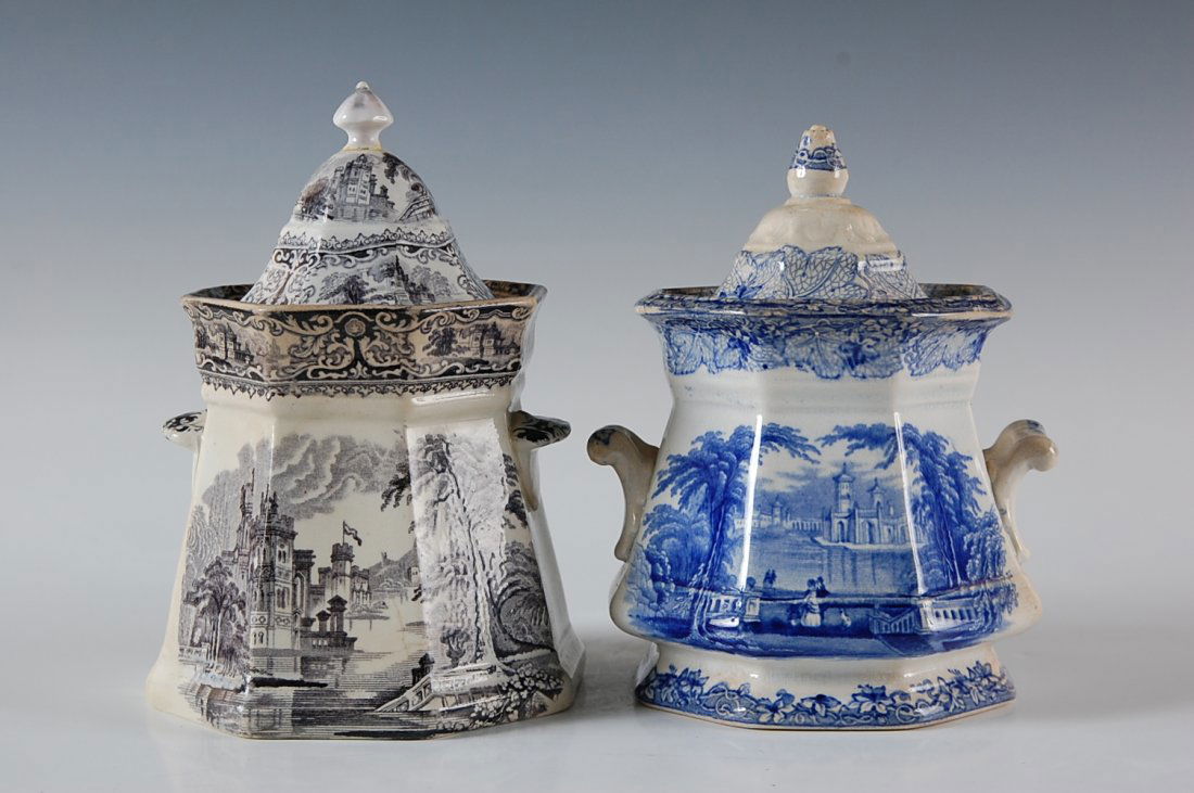 TWO STAFORDSHIRE SUGAR BOWLS MULBERRY, BLUE & WHITE: Measurements of 7 x 5.25 inches, and 7.5 x 5.25 inches.