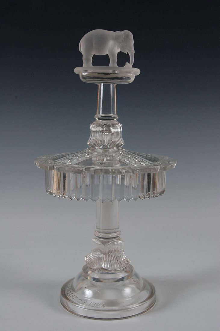 RARE JUMBO EAPG SPOON RACK DATED 1884: A rarity among 19th-century tablewares in both form and pattern, the Jumbo spoon holder or spoon rack has embossed markings under the foot of 'PAT SEPT 23 1884'. This unique form and glass was meant t