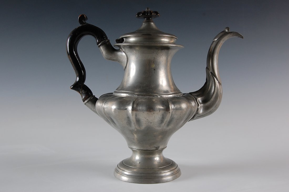 19TH-CENTURY BRITISH PEWTER COFFEE POT: Signed Fisher and Shaw Sheffield, measures 9.5 inches.