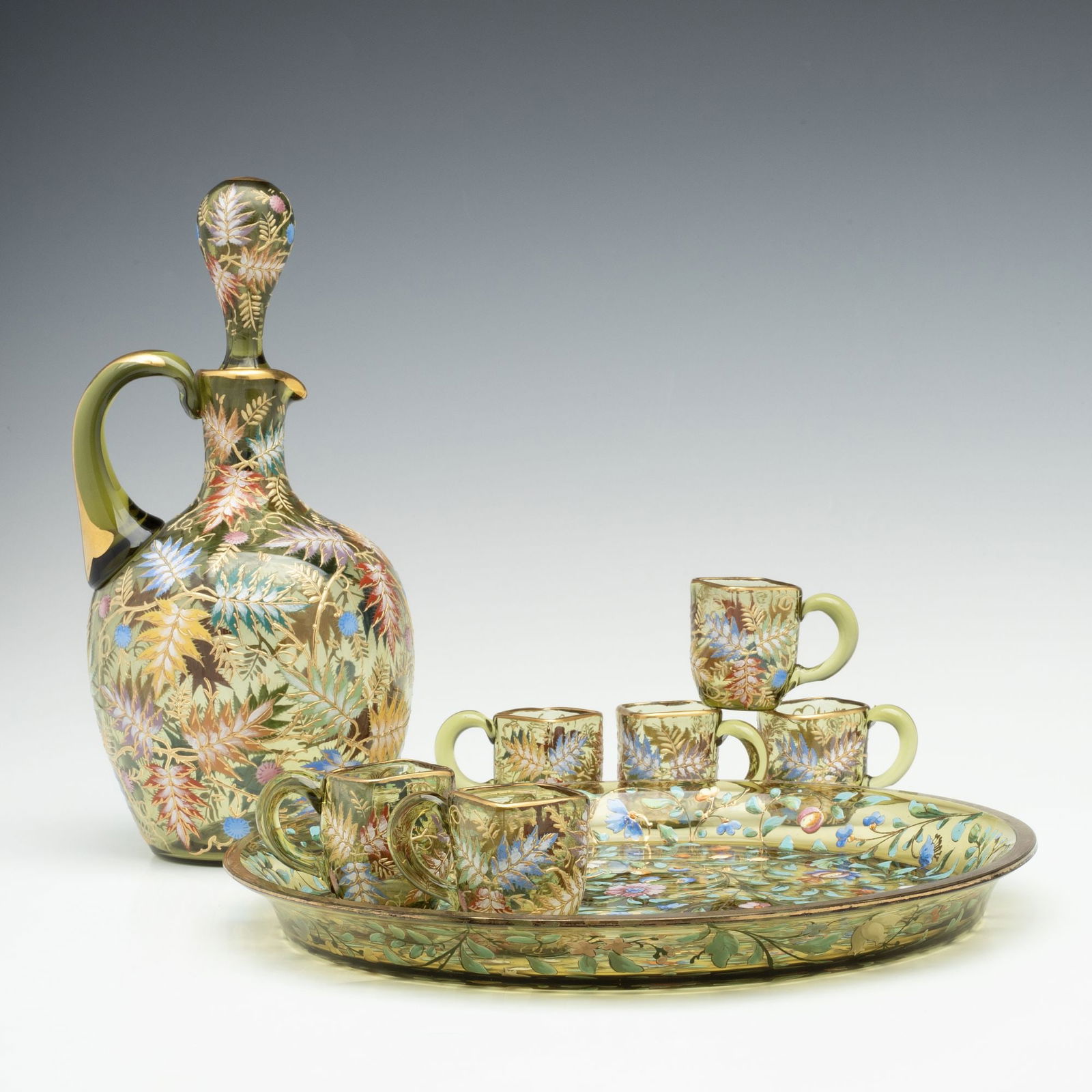 A MOSER GILT AND ENAMEL JUG, TRAY, AND MINIATURE CUPS (1 of 18)