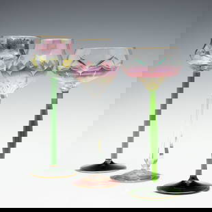 THREE DIFFERENT CONTINENTAL ART GLASS STEMS WITH ENAMEL: Three different piece types, the tallest being 8.75 inches, each having a colorless crystal bowl decorated in fired enamels and raised on a brilliant green or cut and polished panel stem; two are