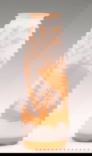 A TWO-COLOR CAMEO GLASS VASE SIGNED MOSER KARLSBAD: Early 20th Century. The acid cutback design of a cameo relief design of a bugling elk in forest landscape is signed with the MK monogram block in cameo relief as well. Measures 10.25 x 3.5 inches.