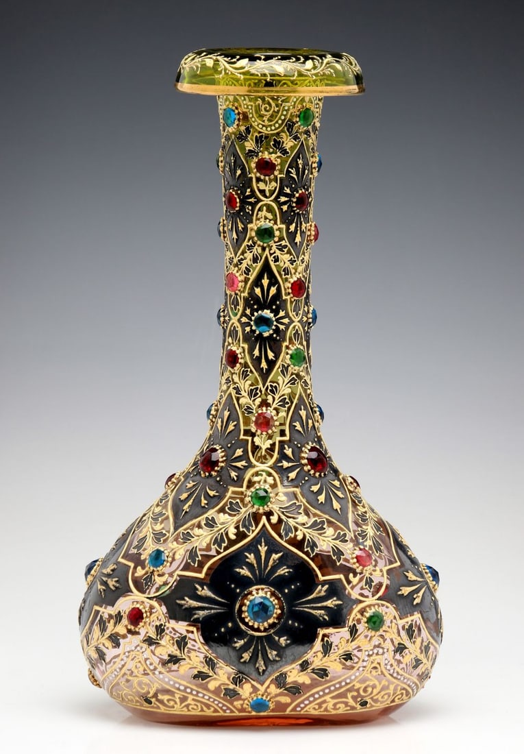 A JEWELED MOSER VASE WITH ROLLED RIM AND MUGHAL DESIGNS (1 of 13)