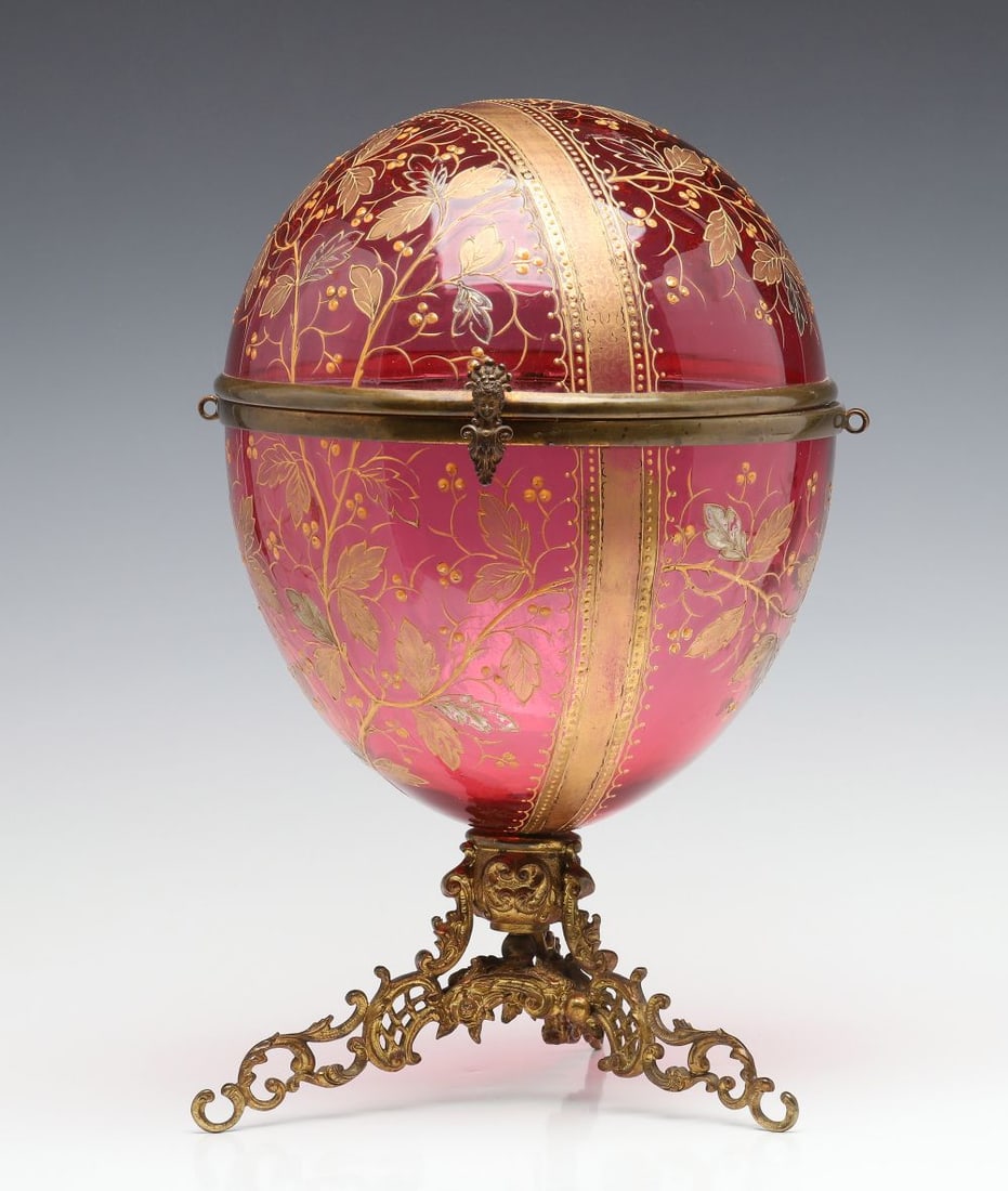 A MOSER GILT AND ENAMELED CRANBERRY GLASS TANTALUS (1 of 15)